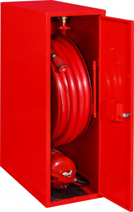 Hydrant wewnętrzny DN 25 zawieszany boczny z miejscem na gaśnicę drzwi pełne w ściance bocznej, zamek patentowy z systemem "zbij szybkę" wąż 20 m 290 x 900 x 600 mm RAL 3000 czerwony