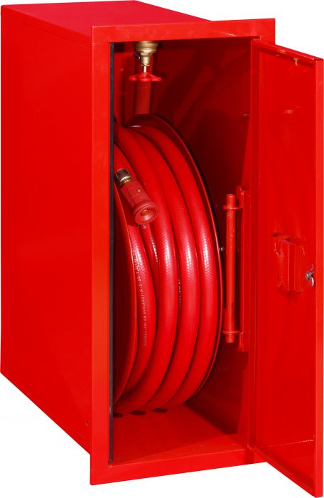 Hydrant wewnętrzny DN 25 wnękowy bez miejsca na gaśnicę drzwi pełne w ściance bocznej, zamek patentowy z systemem "zbij szybkę" wąż 20 m 280 x 750 x 600 mm RAL 3000 czerwony