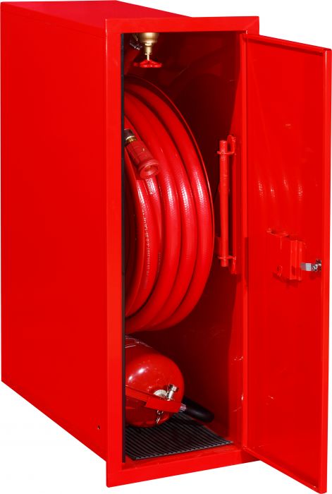 Hydrant wewnętrzny DN 25 wnękowy z miejscem na gaśnicę drzwi pełne w ściance bocznej, zamek patentowy z systemem "zbij szybkę" wąż 30 m 280 x 900 x 600 mm RAL 3000 czerwony