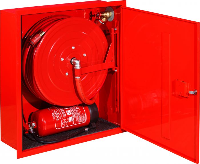 Hydrant wewnętrzny DN 25 wnękowy, uniwersalny z miejscem na gaśnicę w układzie pionowym (pod spodem) drzwi pełne, zamek patentowy z systemem "zbij szybkę" wąż 20 m 700 x 800 x 250 mm RAL 3000 czerwony